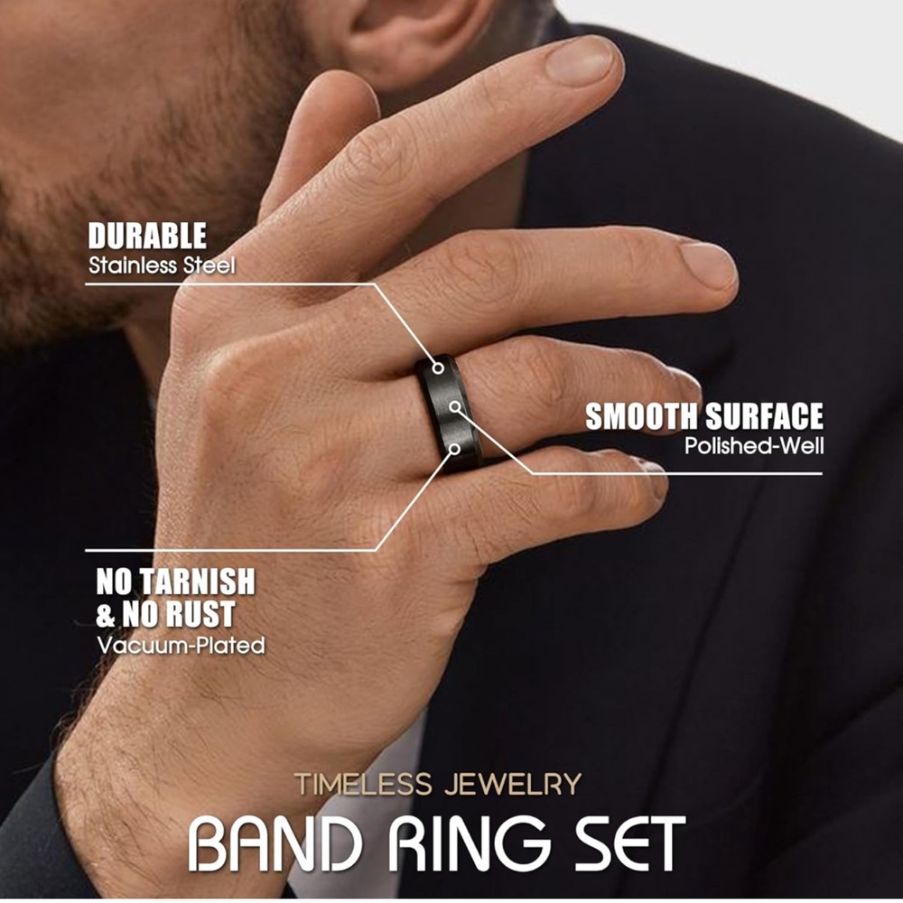 Men’s Stainless Steel Wedding Bands 8MM, 3Pcs Set - Picture 2 of 9